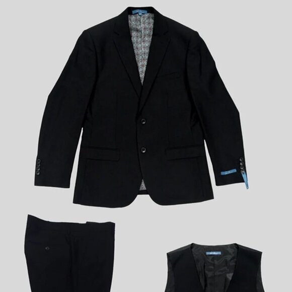 Men's Two Button Vested Slim Fit Suit In Black Birdseye Pattern - Picture 1 of 2